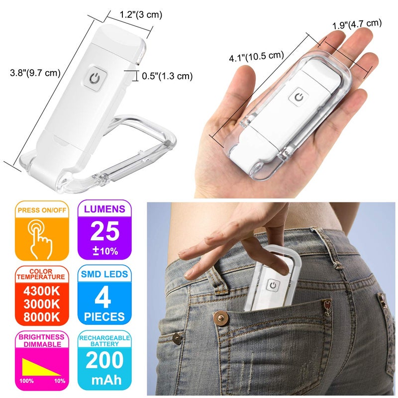 HONWELL Rechargeable Clip On LED Book Light, 3 Brightness Levels Dimmable Bookmark Light for Eye-Protection, Portable Reading Lamp for Bookworms, Travel (White) - Image 4